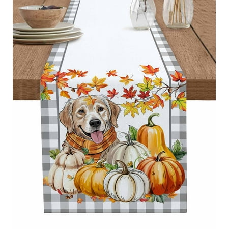 

Thanksgiving Table Runner Orange Pumpkins Dog Maple Leaves Gray Plaid Tablerunners 13 x 70 Inch Table Decorations Tabletop Scarf for Summer Gathering Holiday Farmhouse Kitchen Dining Decor