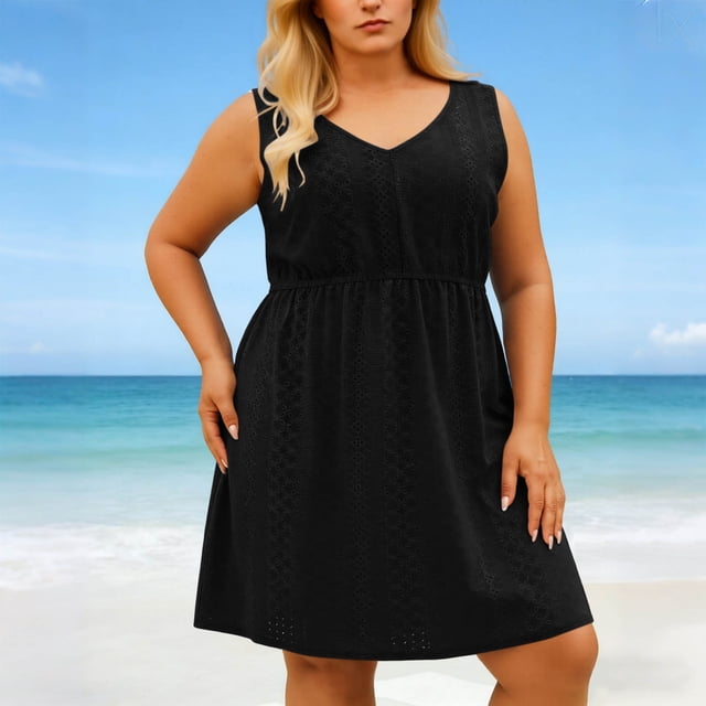 XiYing Robe d'Été, Robe de Plage en Maille pour Femme Grande Taille, Col en V, Découpes, Fentes, Sans Manches, TG-5X,