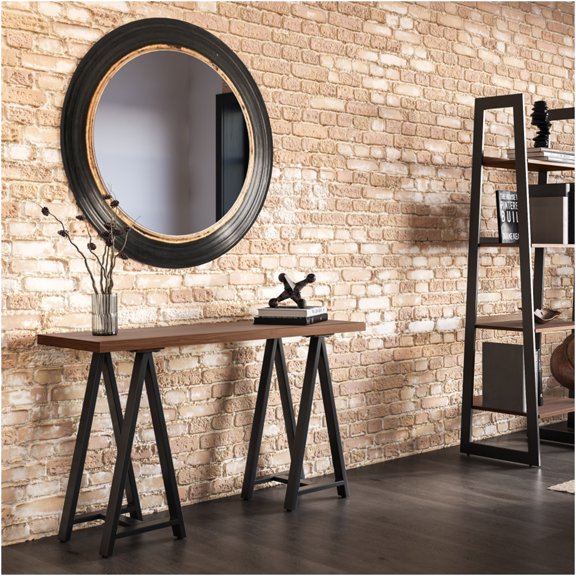 JERFIT Industrial Console Table, 50 Inch Sofa Table with Sawhorse Metal Legs, Dark Brown Walnut Veneer Wood Couch Table for Living Room, Entryway, Bedroom