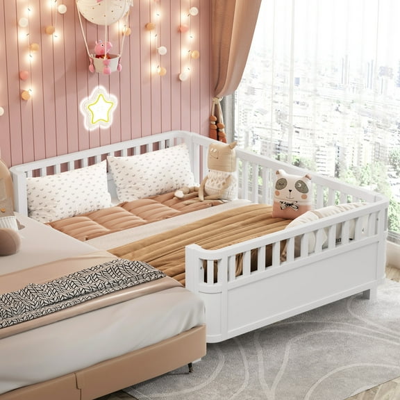 Full Size Wood Platform Bed for Teens, Wood Low Profile Full Bed with Rails for Girls and Boys, White