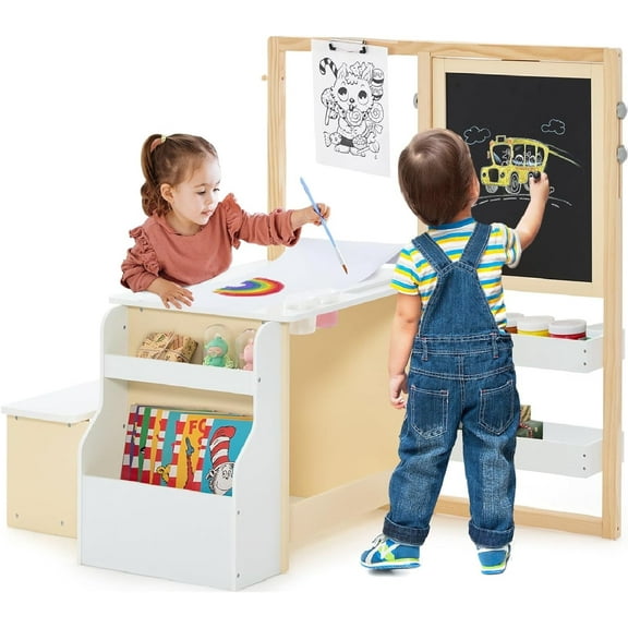 INFANS Kids Art Table and Chair Set, 3 in 1 Toddler Craft and Play Wood Activity Desk with Double-Sided Easel Paper Roll for Drawing Painting Writing, Sturdy Children Furniture for Daycare Playroom