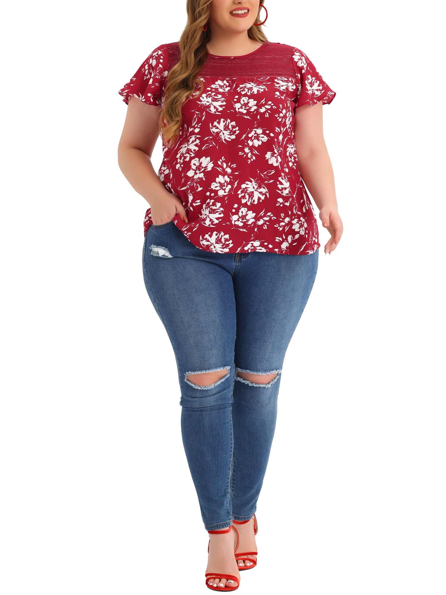 Unique Bargains Women's Plus Size Flared Sleeves Lace Panel Floral Tee 4X Burgundy