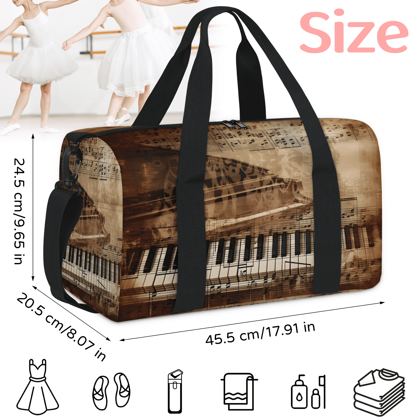 Herdesigns Piano Keys Gym Bag for Women, Duffle Bag for Travel Sport, Music Note Theme Lightweight Waterproof Carry on Weekender Dance Yoga Workout Bags