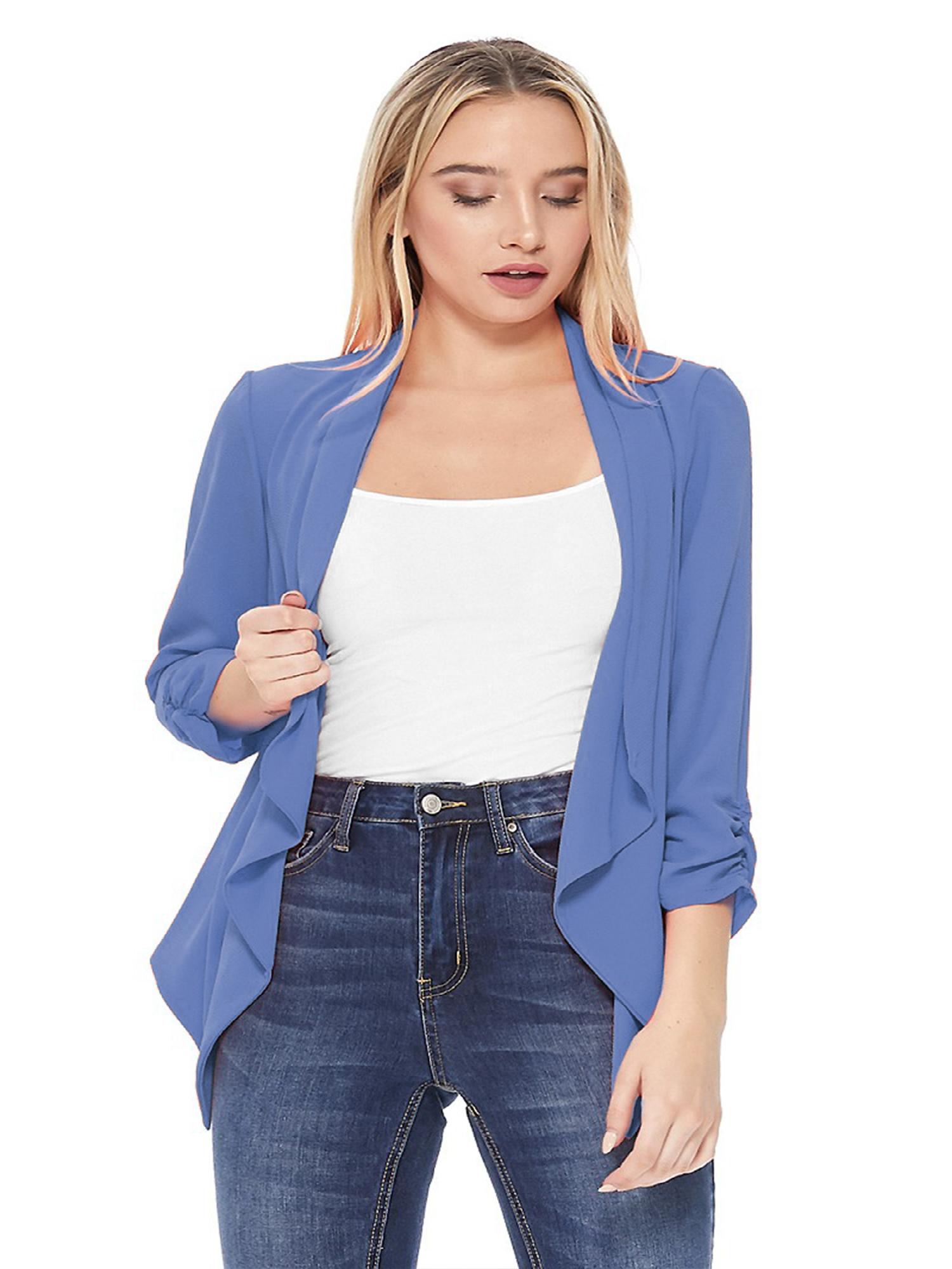 Women 3/4 Sleeve Woven Blazer Open Front Cardigan Jacket Work Office