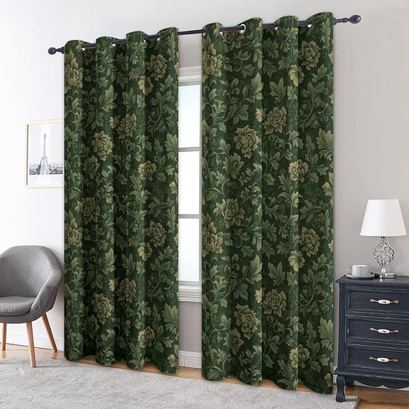 Vintage Floral Curtains for Living Room, Dark Green Flower Blackout Curtains, Vintage Floral Room Decor, Thermal Darkening Bedroom Window Drapes, Grommets 26"W x 63"L (Pack of 2)
