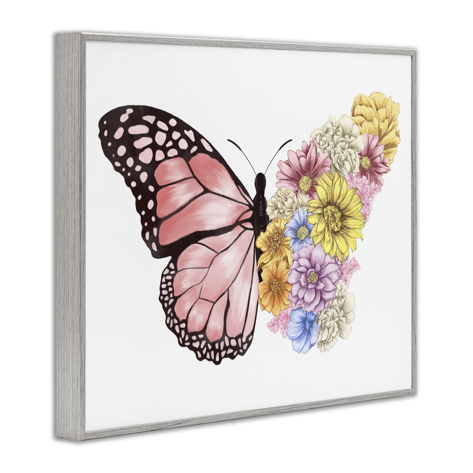 Stupell Industries Butterfly Floral Bouquet Wing Animals & Insects Painting Gray Framed Art Print Wall Art, 30 x 24