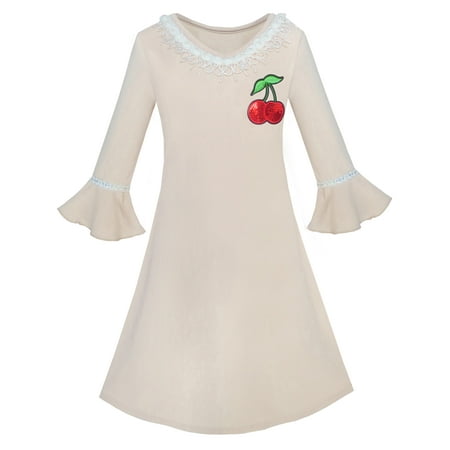 - Girls Dress Lotus Leaf Sleeve Cherry Embroidery Everyday 3