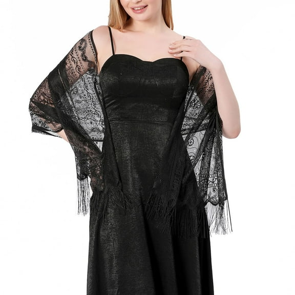 SWSMCLT Women's Pashmina Gypsy Cape Scarves Lightweight Summer Fashion Soft Fall Scarf Long Lace Fringe Black One Size