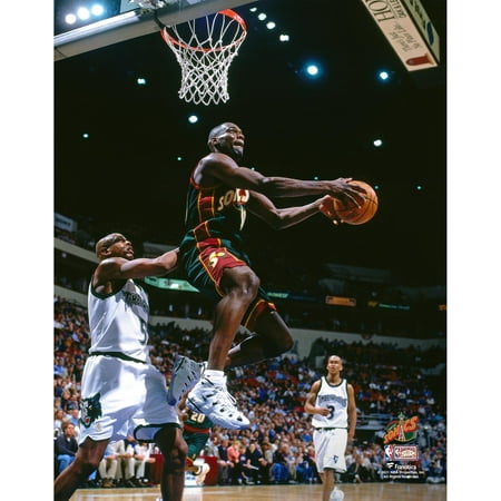 Shawn Kemp Seattle Supersonics Unsigned Hardwood Classics Double Clutch Reverse Dunk Photograph