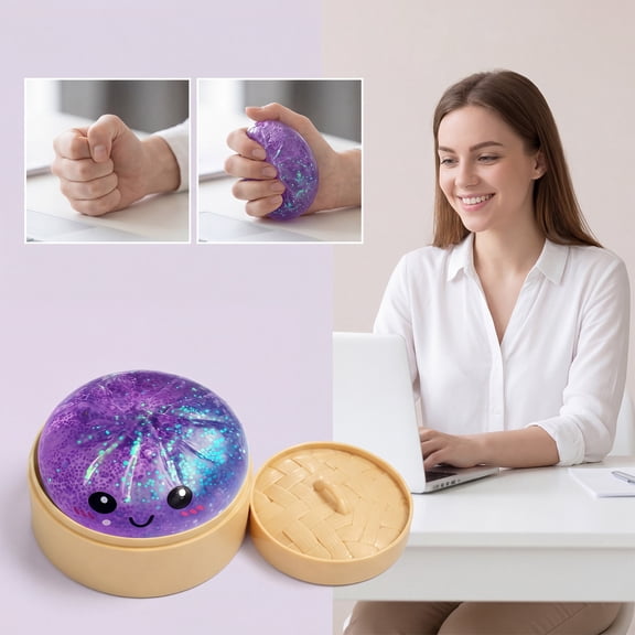 Dumpling Squishy Purple Galaxy Glitter Steamed Bun Toy with Kawaii Face and Realistic Steamer Storage Box for Deep Pressure Sensory Play and Relief