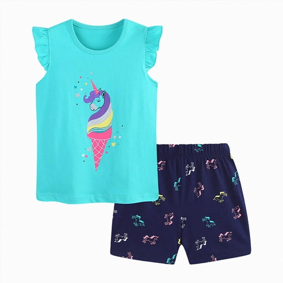 Toddler Baby Girl Outfits Summer Clothes Set Unicorn Ice Cream Print Ruffle Sleeveless Top and Shorts Set Cute Pattern Printed Outfits 2-3 Years