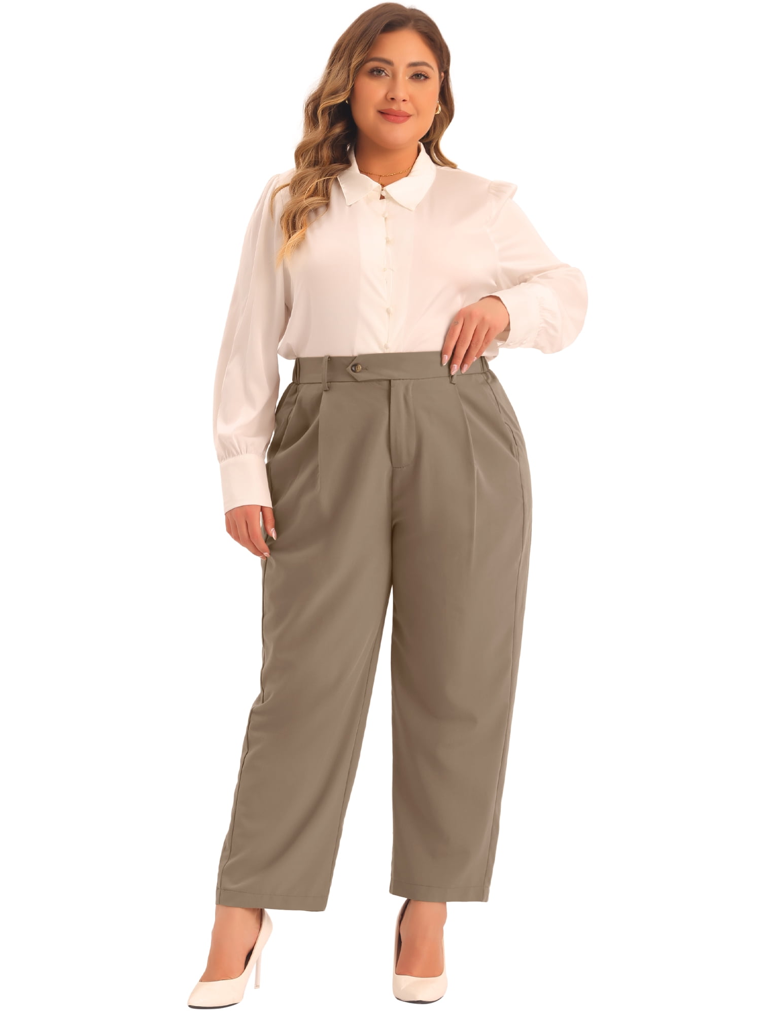 DARING DIVA Women's Plus Casual Elastic High Waisted Long Straight Pants 5X Brown