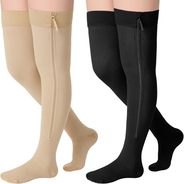 DEBGFS 2 Pairs Zipper Compression Socks Thigh High 20-30 mmHg Compression Socks Closed Toe Thigh High Compression Stockings,beige black,M
