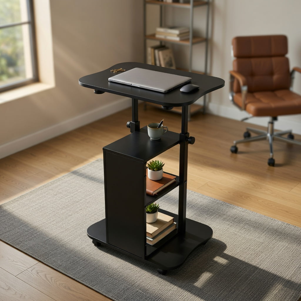 Topcobe Adjustable Mobile Standing Desk Cart with Tilt Desktop and Cabinet, Perfect Addition to Home, Office, Kitchen, Dining Room, Black