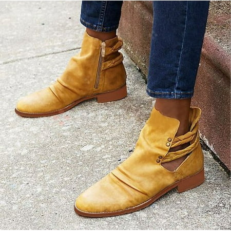 

Women Zipper Heel Pumps Ankle Boots Chelseas Boot Wood Grain Thick Square Shoes