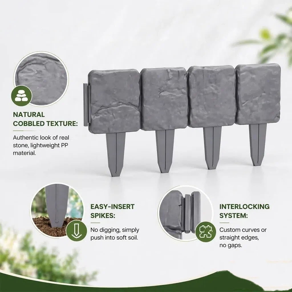 Imitation Stone Garden Fence, Plastic Retaining Edging Border, Cobbled Effect Landscape Decor Interlocking Decorative Panels Flower Bed Path Lawn Outdoor Picket Yard Grass Edge (Red, 12PCS)