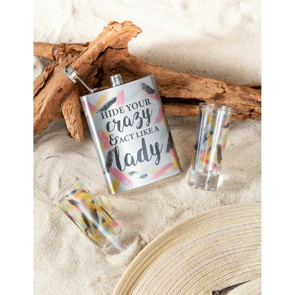 8 OZ Stainless Flask with 2pc 2oz Glass Shooter, Hide Your Crazy