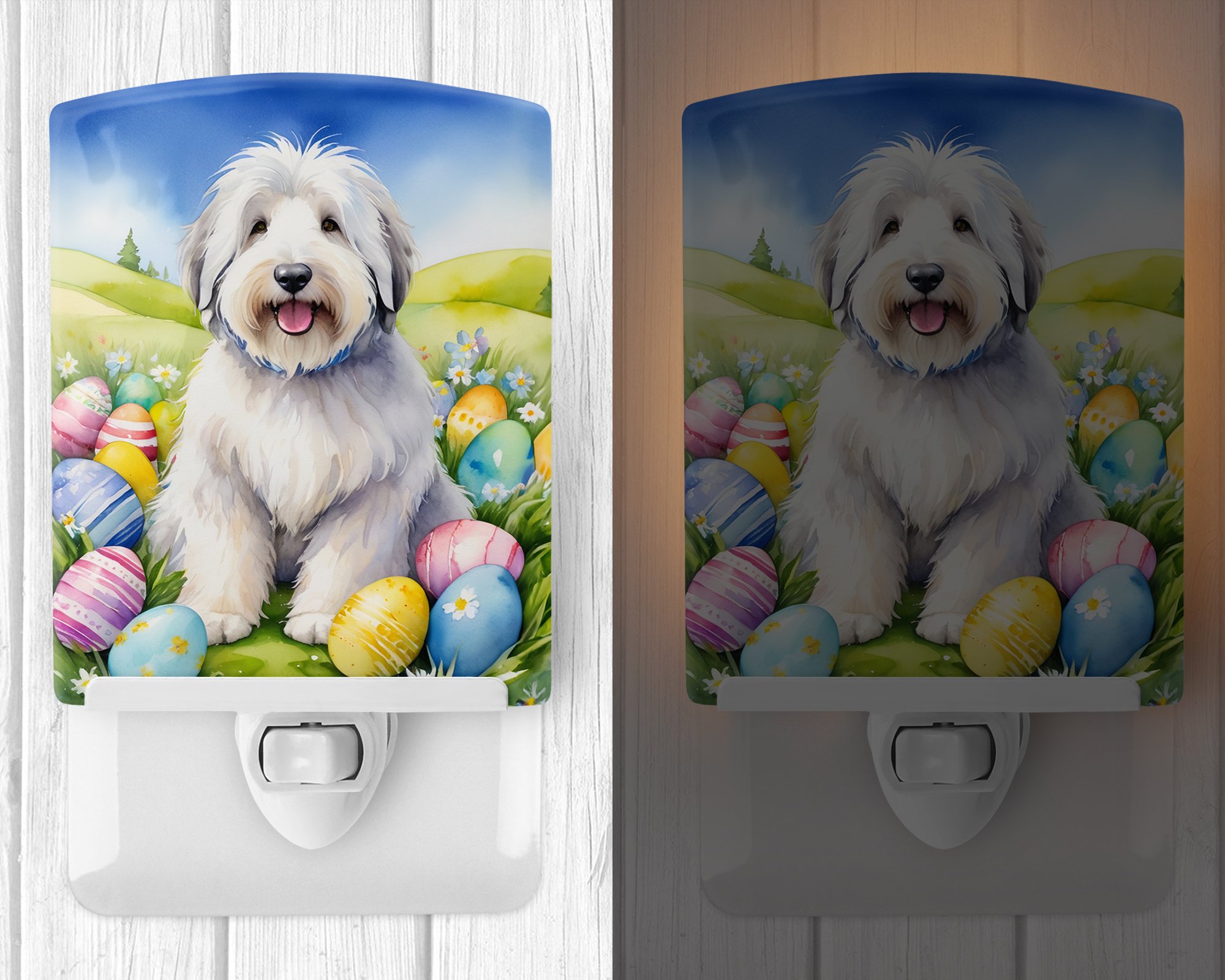 Old English Sheepdog Easter Egg Hunt Ceramic Night Light 4 in x 6 in