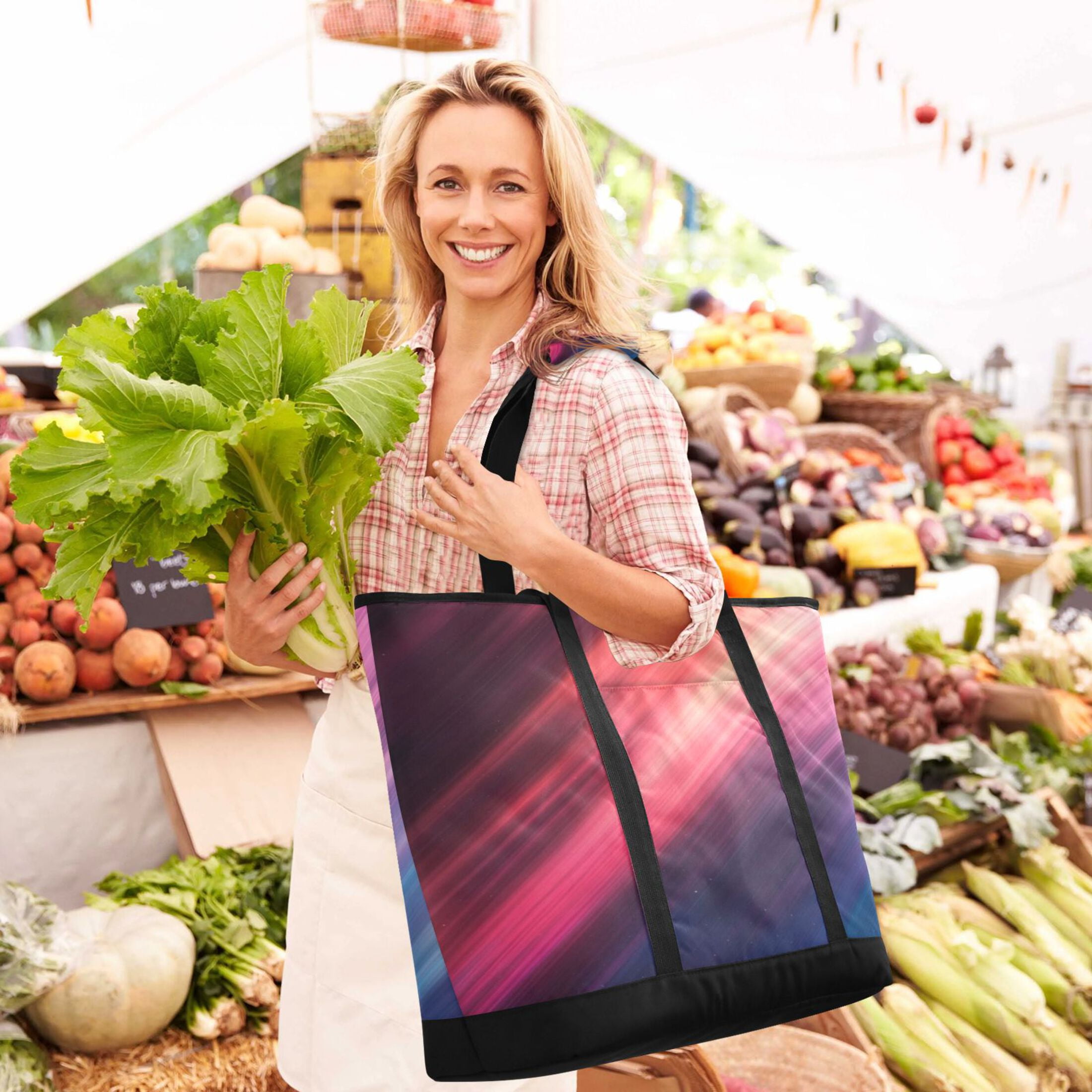Large Hand-held Ice Pack Picnic Bag Insulation and Refrigeration Suitable for Shopping Picnics and Camping Red Blue Lines