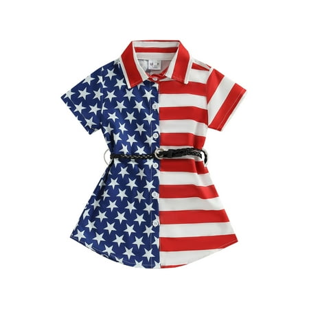 

Emmababy Girls Dress with Belt Short Sleeve Button-down Stars Stripes Dress