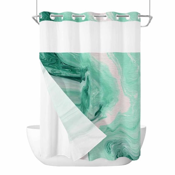 No Hook Green Marble Shower Curtain with Snap in Liner Set, Summer Ocean Wave Green Ombre Waterproof Fabric Bathroom Curtains with See Through Top Window, Hotel Style Stall 48 x 72 Inch