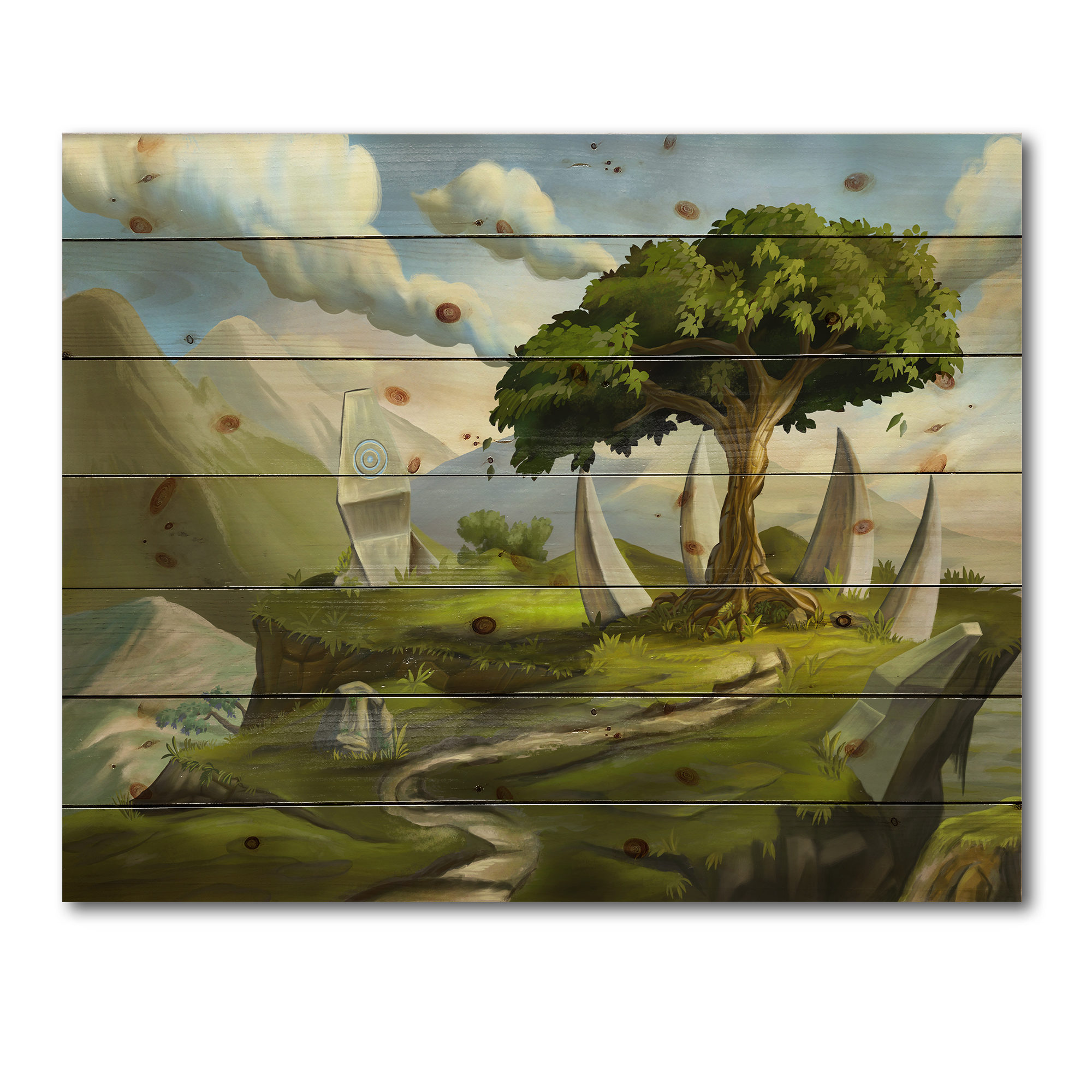 Designart 'Sacred Tree In A Fantasy Green Landscape' Traditional Print on Natural Pine Wood