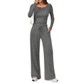 thumbnail image 2 of ClodeEU Women's 2 Piece Lounge Set, Round Neck Button-Down Slightly Crop Top, Elastic Waist Drawstring Wide-Leg Pants Dark Gray,Womens Plus M, 2 of 5
