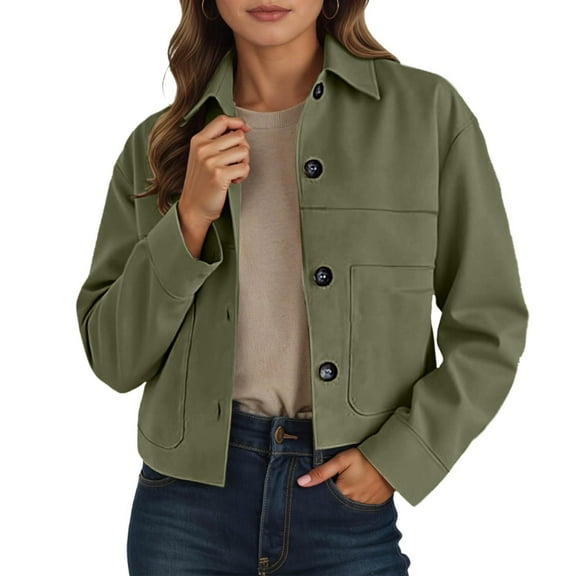 Women's Cropped Trench Coat Suede Button Down Long Sleeve Jackets Lapel Collar Fall Winter Casual Trendy Clothes