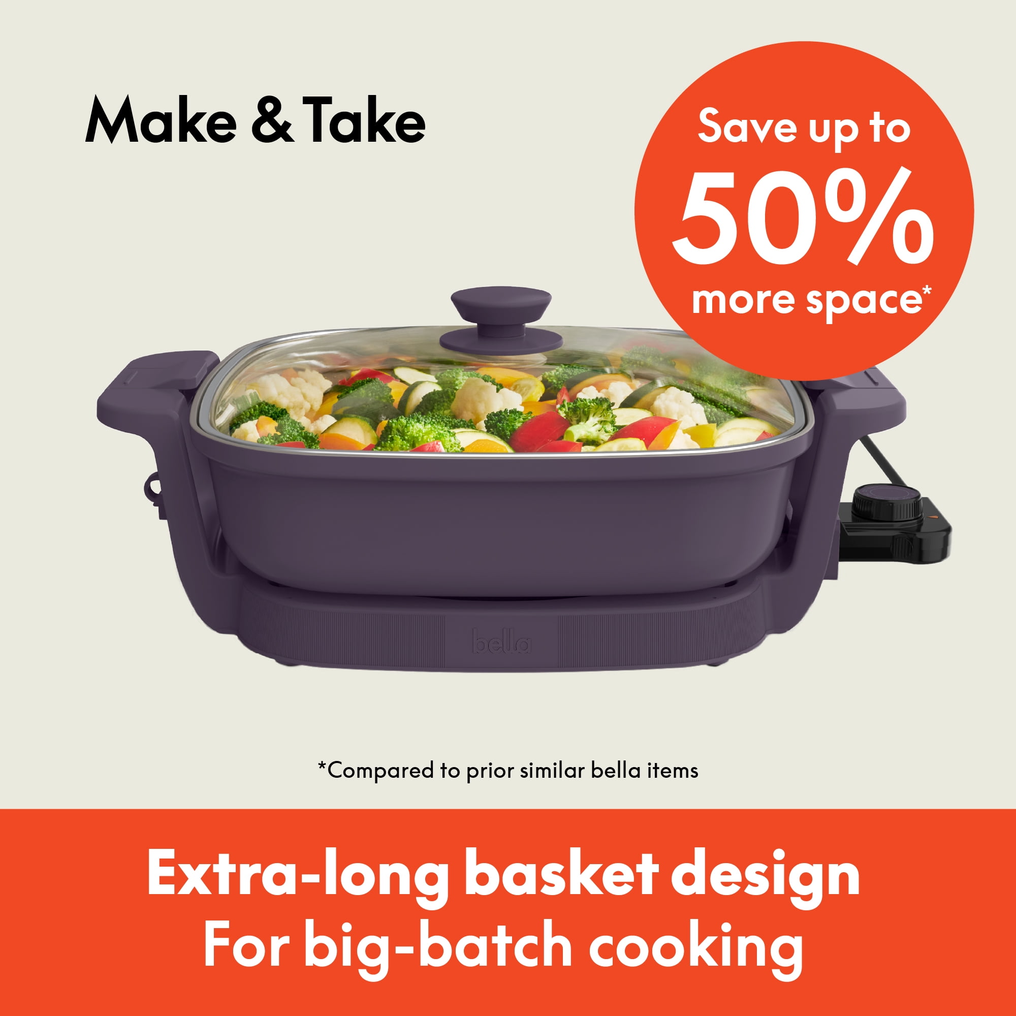 bella 12" Make & Take Electric Skillet with EverGood™ Ceramic Nonstick Coating, Adjustable Temperature, Dishwasher-Safe Glass Lid, Plum