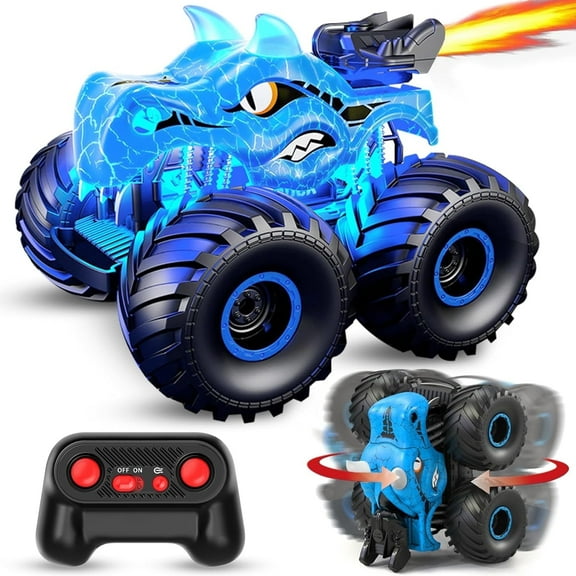 UUGEE Remote Control Dinosaur Car Toys for Boys, 2.4GHz RC Monster Trucks for Boy with Spray, Light & Sound, 360° Rotating All Terrain RC Cars Toys Christmas Birthday Gifts for 5 6 7 8 Kids - Blue