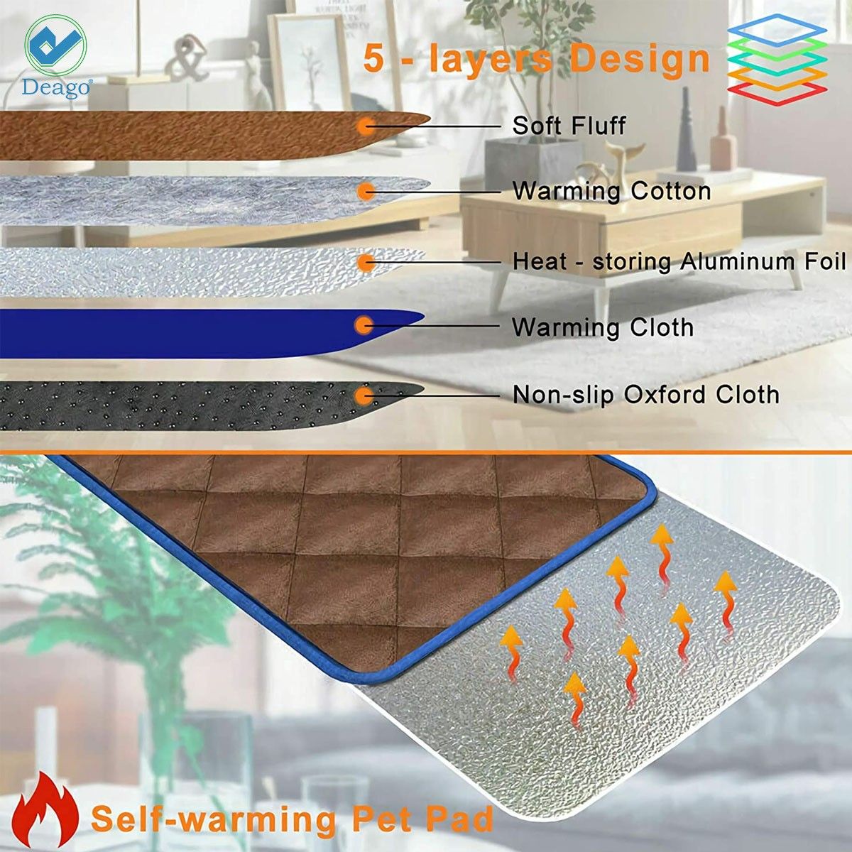 Deago Self-Heating Pet Bed, Thermal Mat, Brown Small photo 2