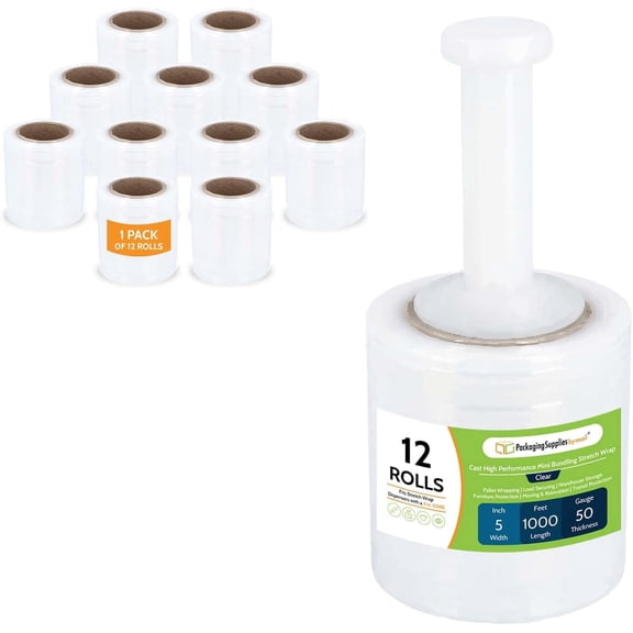 PSBM Mini Stretch Wrap 5" x 1000" 12 Rolls 50 GA Clear Plastic Shrink Film with 1 Free Plastic Handle Per Case For Packing and Moving