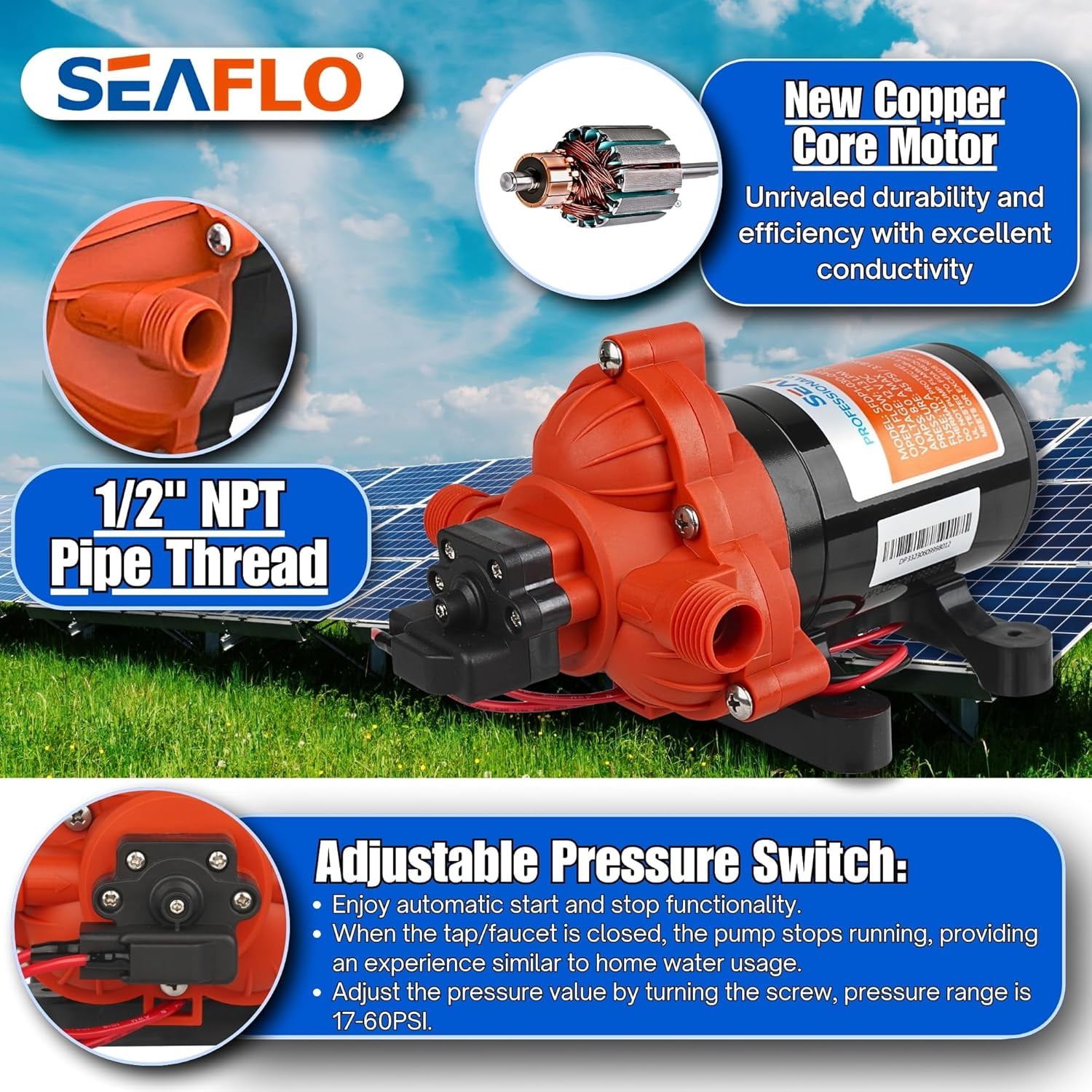 SEAFLO 33 Series DC Diaphragm Pump – 4-Year Warranty! 12V, 3.0 GPM, 45 PSI, Self-Priming, Run Dry Safe, Built-In Pressure Switch | Ideal for Marine, RV, and Water Systems