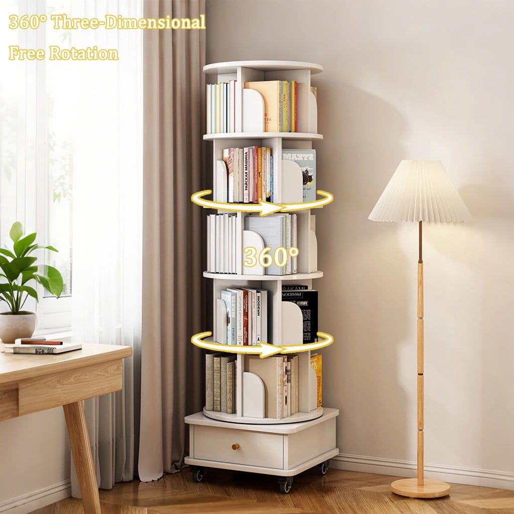 6-Tier Rotating Bookshelf with Wheels, 360° Spinning Bookcase Tower with Drawer & Wraparound Baffles, Space-Saving Storage Shelf, White
