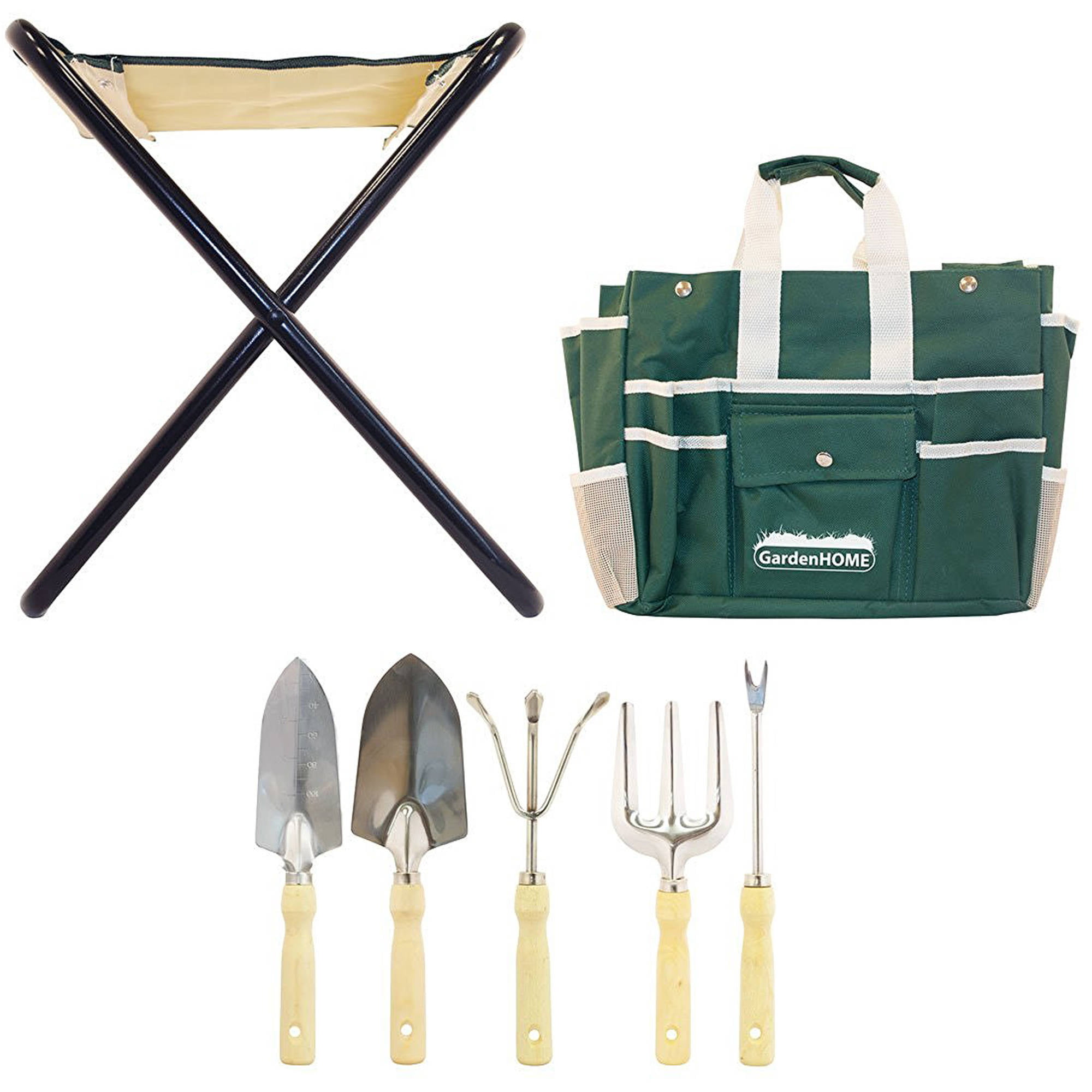 7-Piece All-in-One Garden Tool Set with Garden Tools Bag and Foldable Stool 