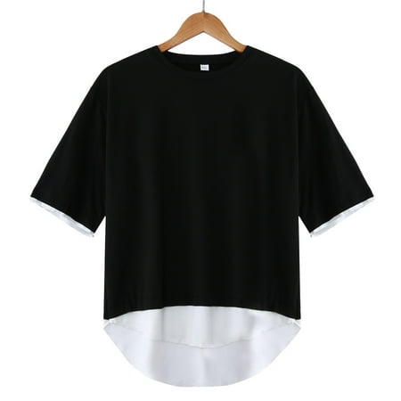 Korean Style Trendy Fashion - Fashion Korean Women's Short Sleeve T-shirt Pure Color Loose Splicing Tops