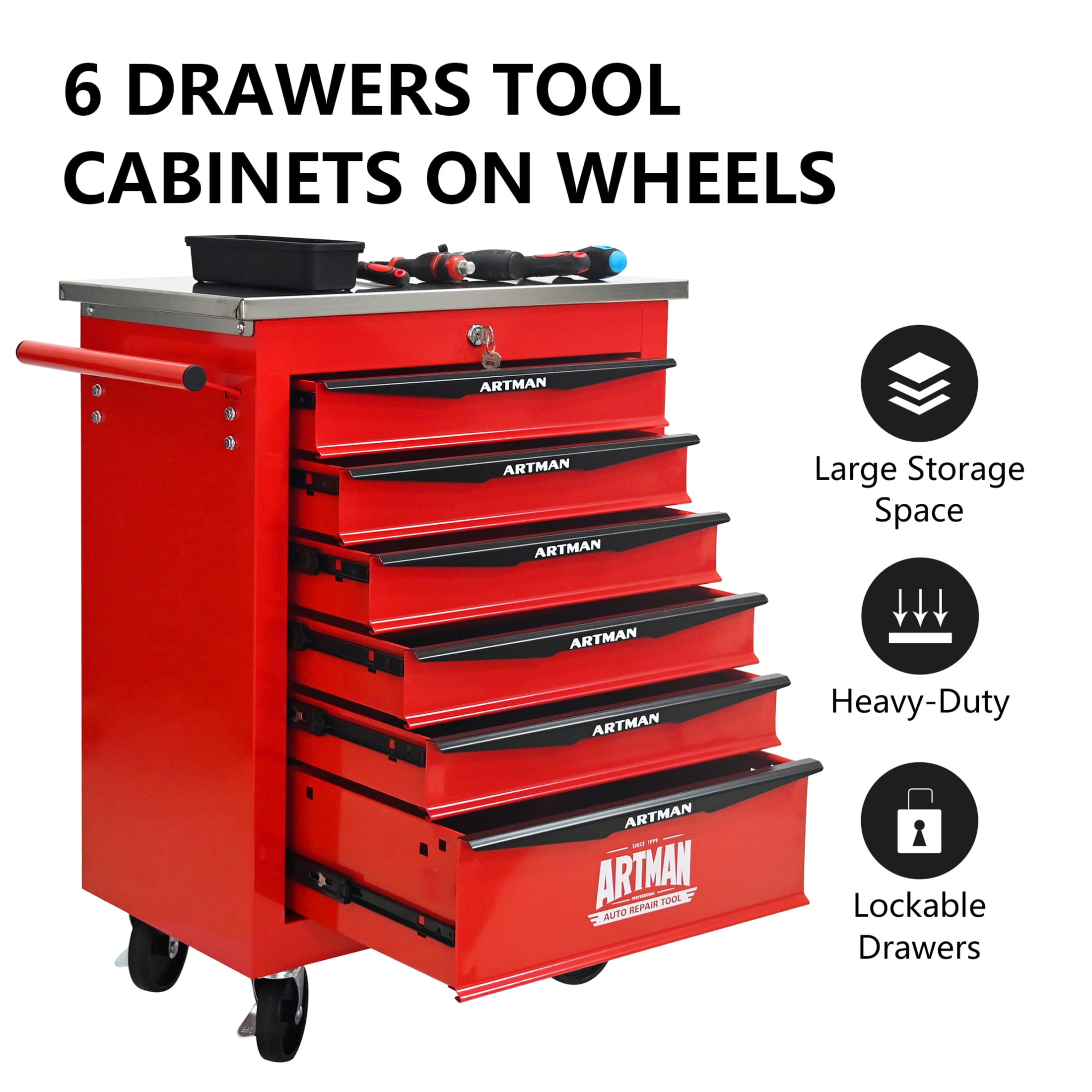 Noble House 6-Drawer Rolling Tool Organizer Cart, Steel Mobile Chest Storage with Worktop for Garage Workshop, Red