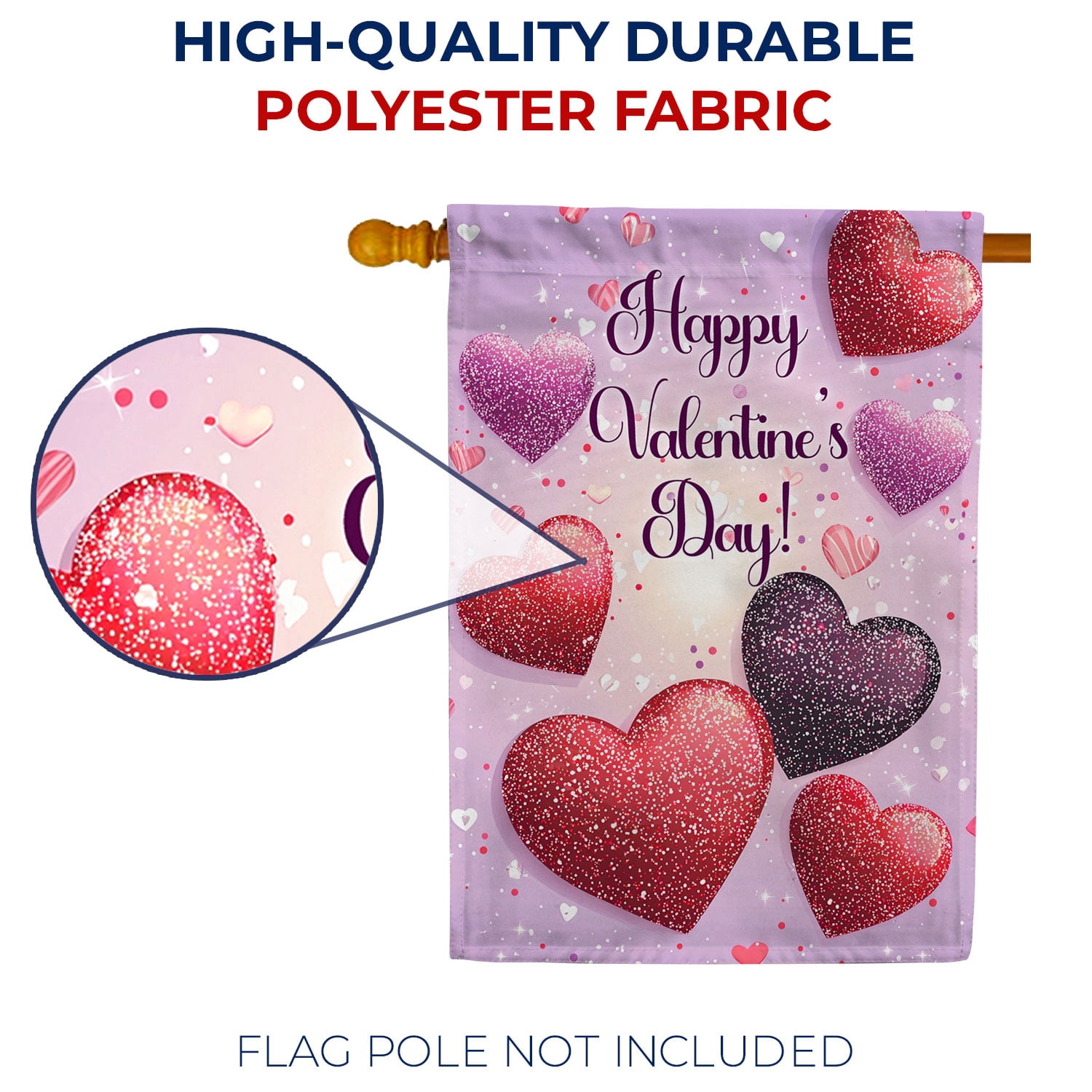 America Forever Happy Valentine's Day House Flag, 28 x 40 inch Double Sided, Glitter Hearts Red Pink Purple, Valentine's Day Seasonal Outdoor Decor, Love Hearts Flag