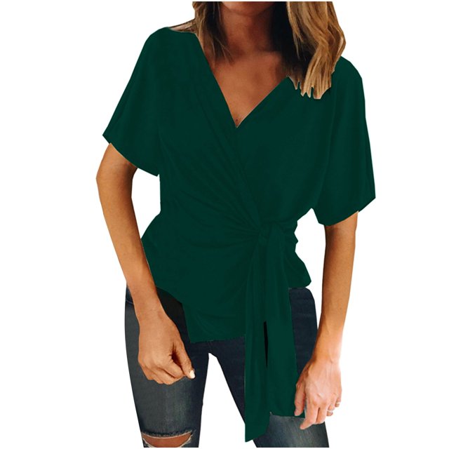 Cárdigan de manga corta cómodo de verano para mujer Blusa superior de color sólido con cordones Pompotops qwe20427