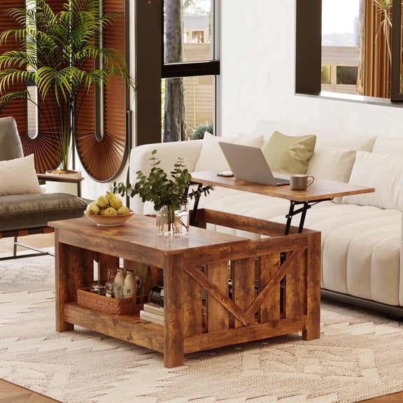 GUNAITO Lift Top Coffee Table with Storage Cabinet and 2 Compartments for Living Room, brown, 31.5''Hx31.5''W in