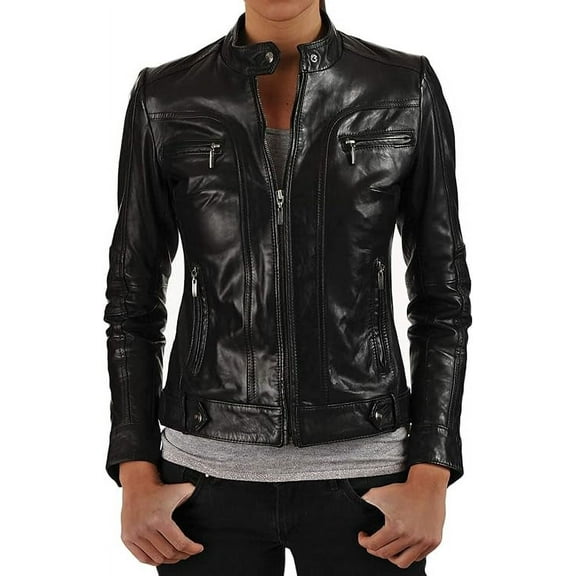 Womens Genuine Lambskin Leather Jacket Motorcycle Biker Leather Jacket W063