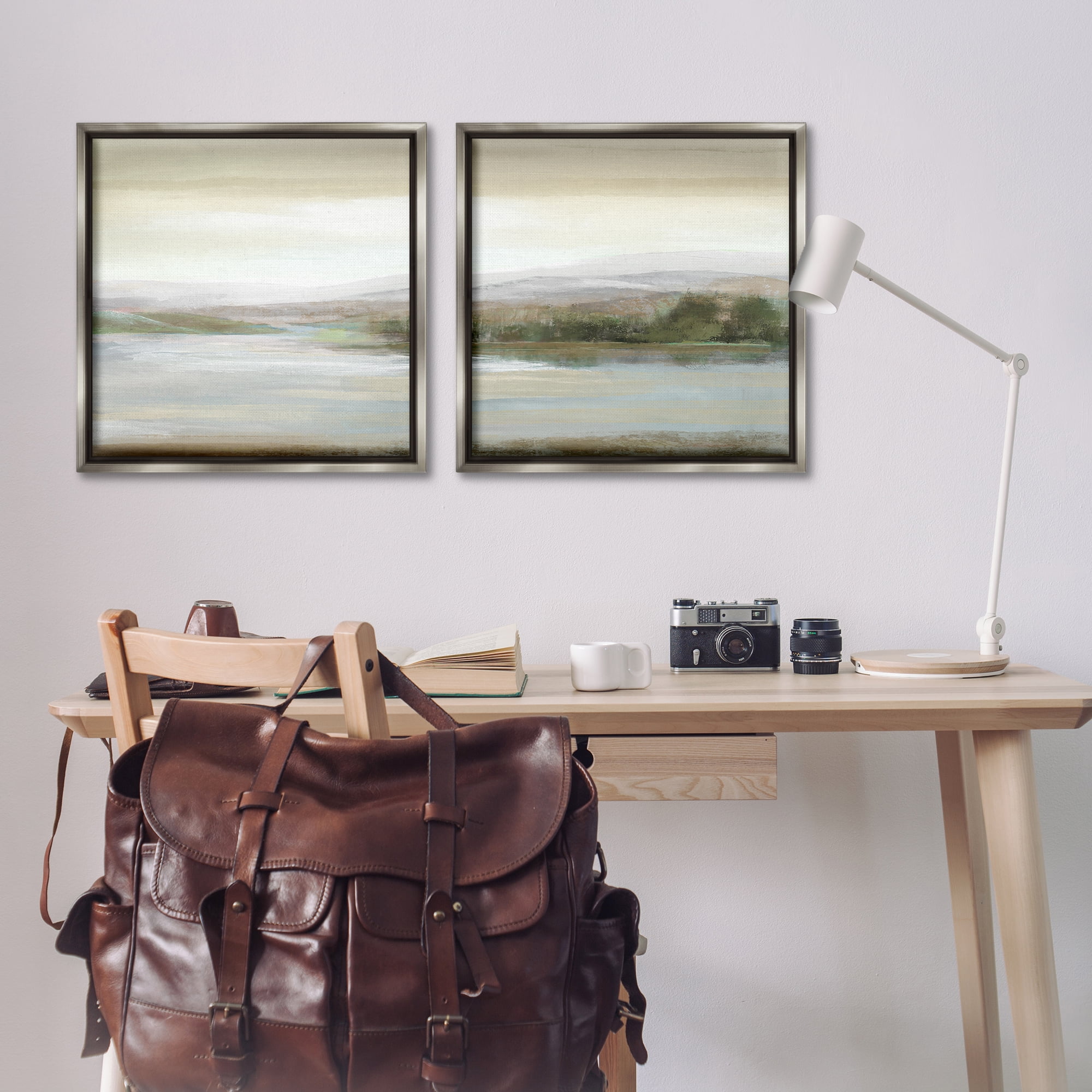Stupell Industries Abstract Lakeside Landscape Landscape & Nature Painting Gray Floater Framed Canvas Art Print Wall Art, 25 x 25, Set of 2