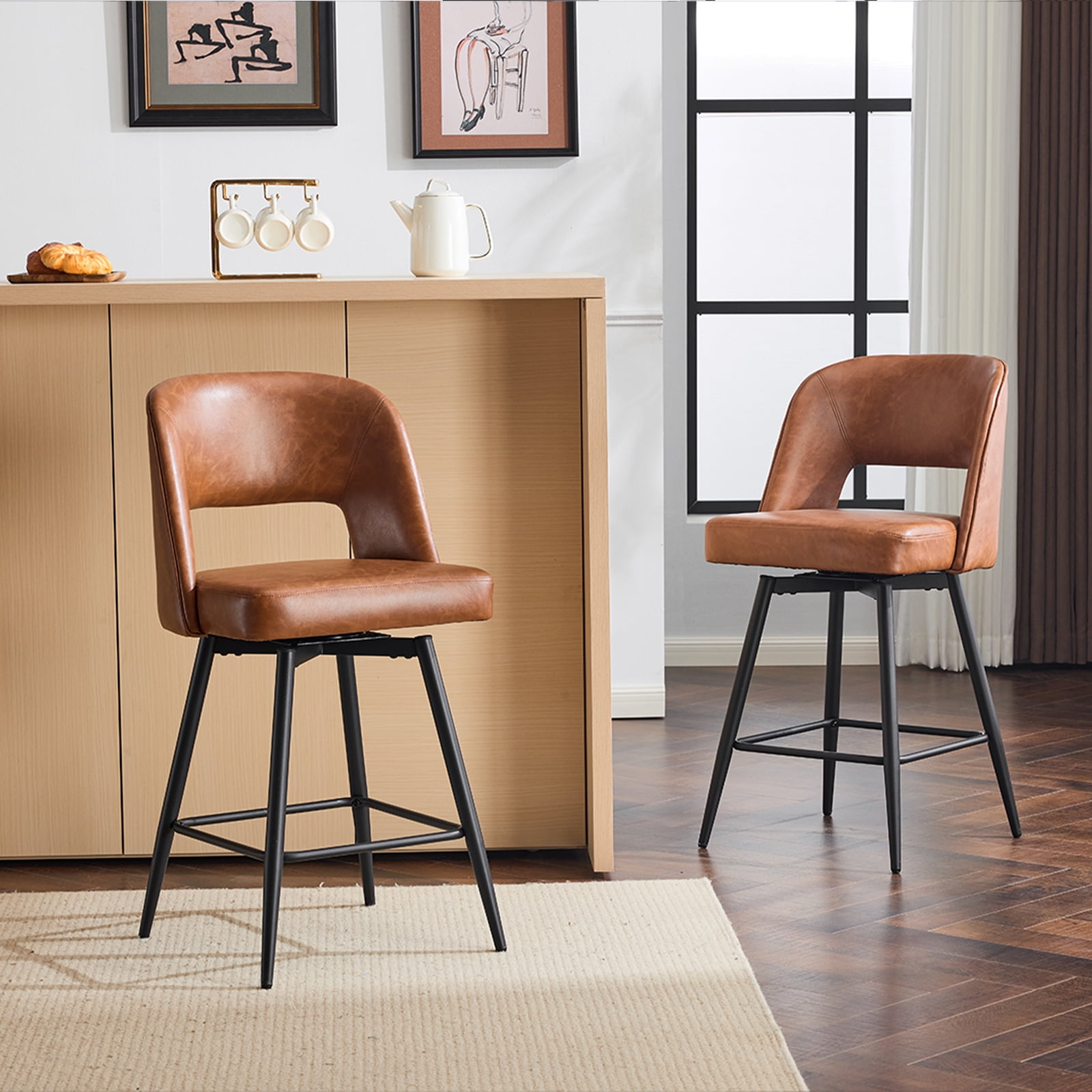 Ktaxon Swivel Barstools 2 Set, Counter Height Chairs 26in Padded Bar Height Upholstered Stools, Brown