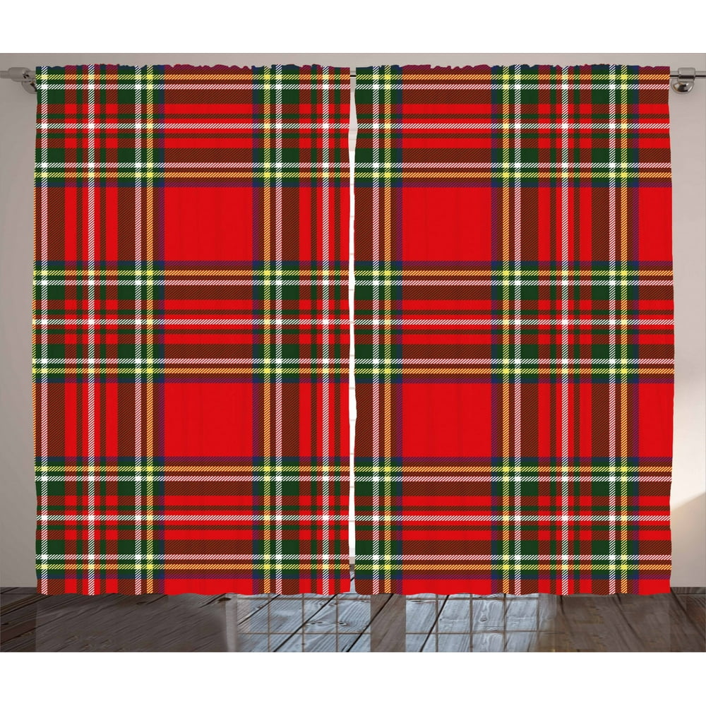 Red Plaid Curtains 2 Panels Set, European Western Culture Inspired