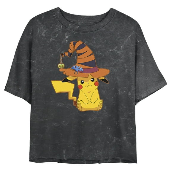 Junior's Pokemon Halloween Pikachu Witch Hat Graphic Crop T-Shirt Black X Large