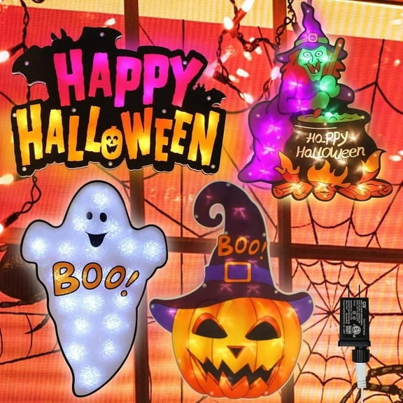 4 Pack LED Lighted Ghost,Happy Halloween,Witch,Jack-O-Lantern Halloween Window Silhouette Decoration Lighted Window Decoration for Party,Home,Patio Lawn,Garden(4 Set Halloween Light)
