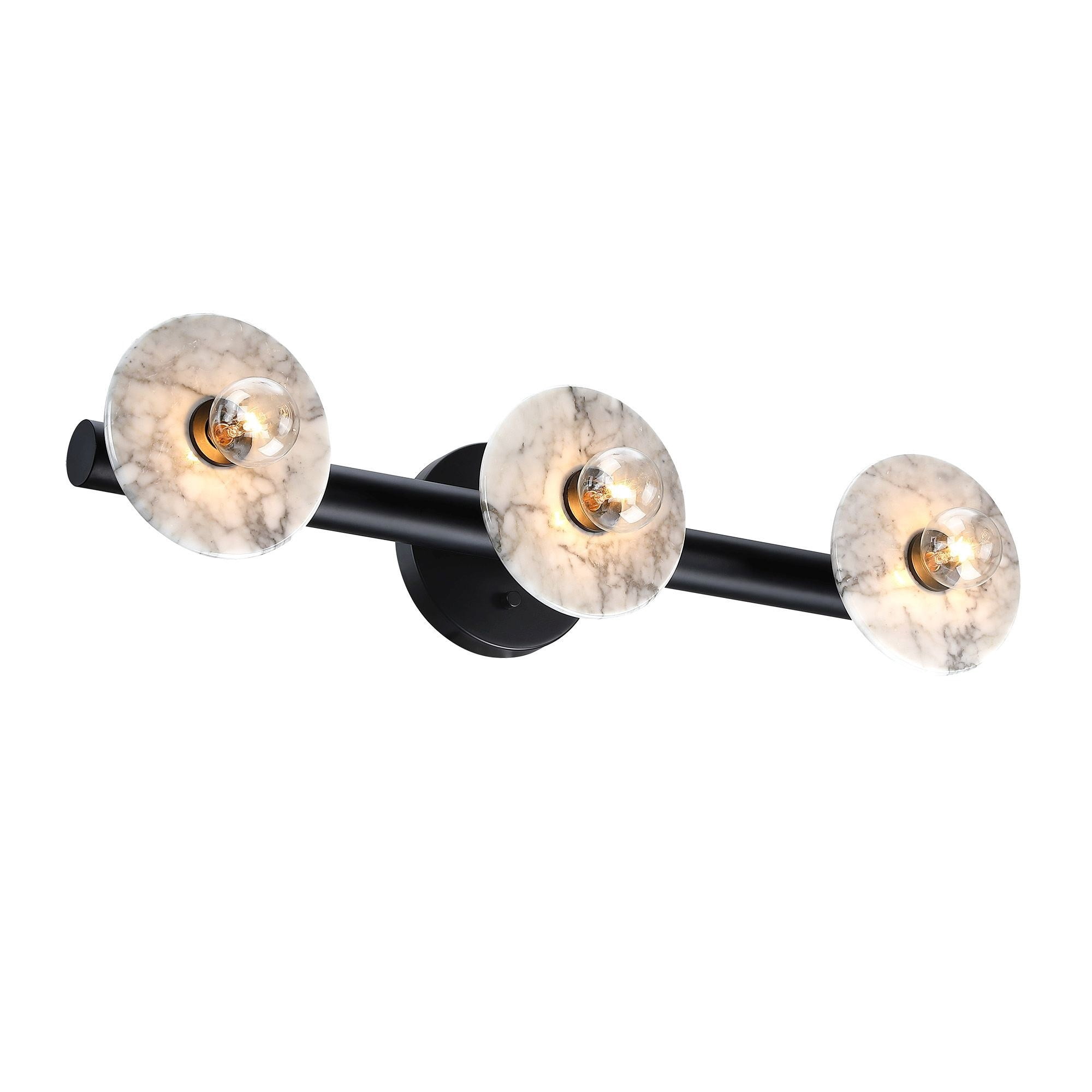 Fina 24.75 in. 3-Light Matte Black Vanity Wall Light with Natural Marble for Bathrooms