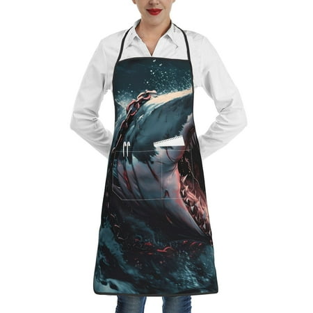 

Yiaed Wave Chain Shark Print Kitchen Apron with Hand Wipe Pockets Big Pocket Aprons for Women with Pockets Waterproof for Cooking Baking