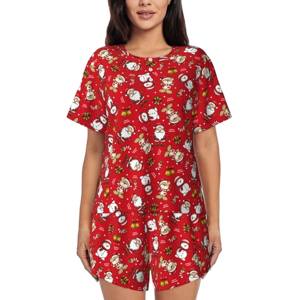 Fotbe Christmas Santa Cartoon Snowman A Conjunto de Pijama Estampado para Mujer, 2 Piezas, Ropa de Dormir con Camiseta de Manga Corta y Shorts Suaves-Large