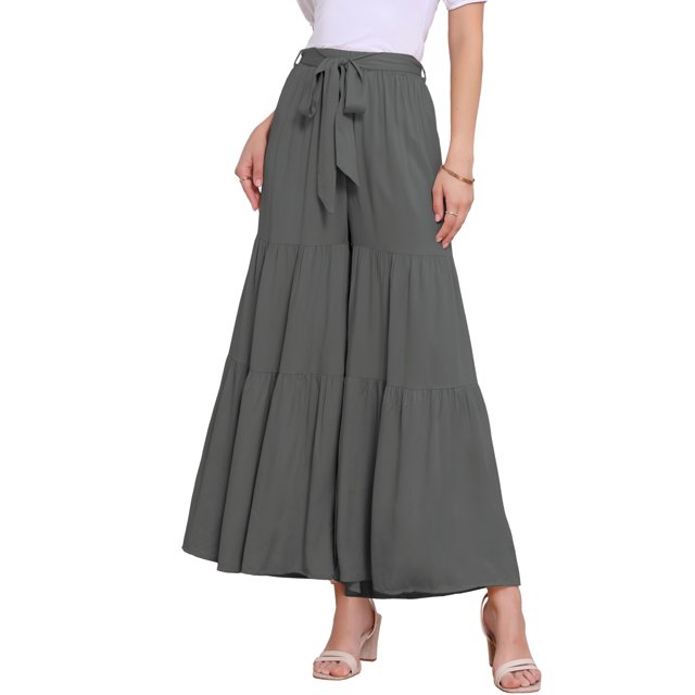 Pantalones Boho para Mujer INSPIRE CHIC con Cintura Alta Elástica y Volantes, Pantalones Palazzo de Pierna Ancha Chic en Gris